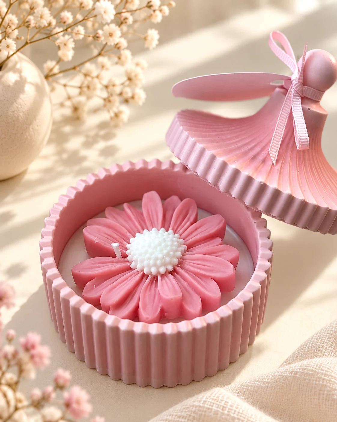 Pink daisy candle in a glass jar, styled on a light background