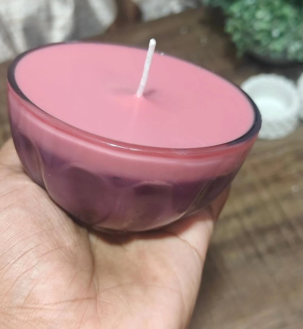 Contact Us Pink candle in a wide transparent glass bowl